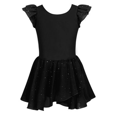 Agoky Girls Sequins Ballet Dance Dress Glitter Tutu Skirted Leotard Ballerina Dancewear Costumes Black Ruffle Sleeve 3-4