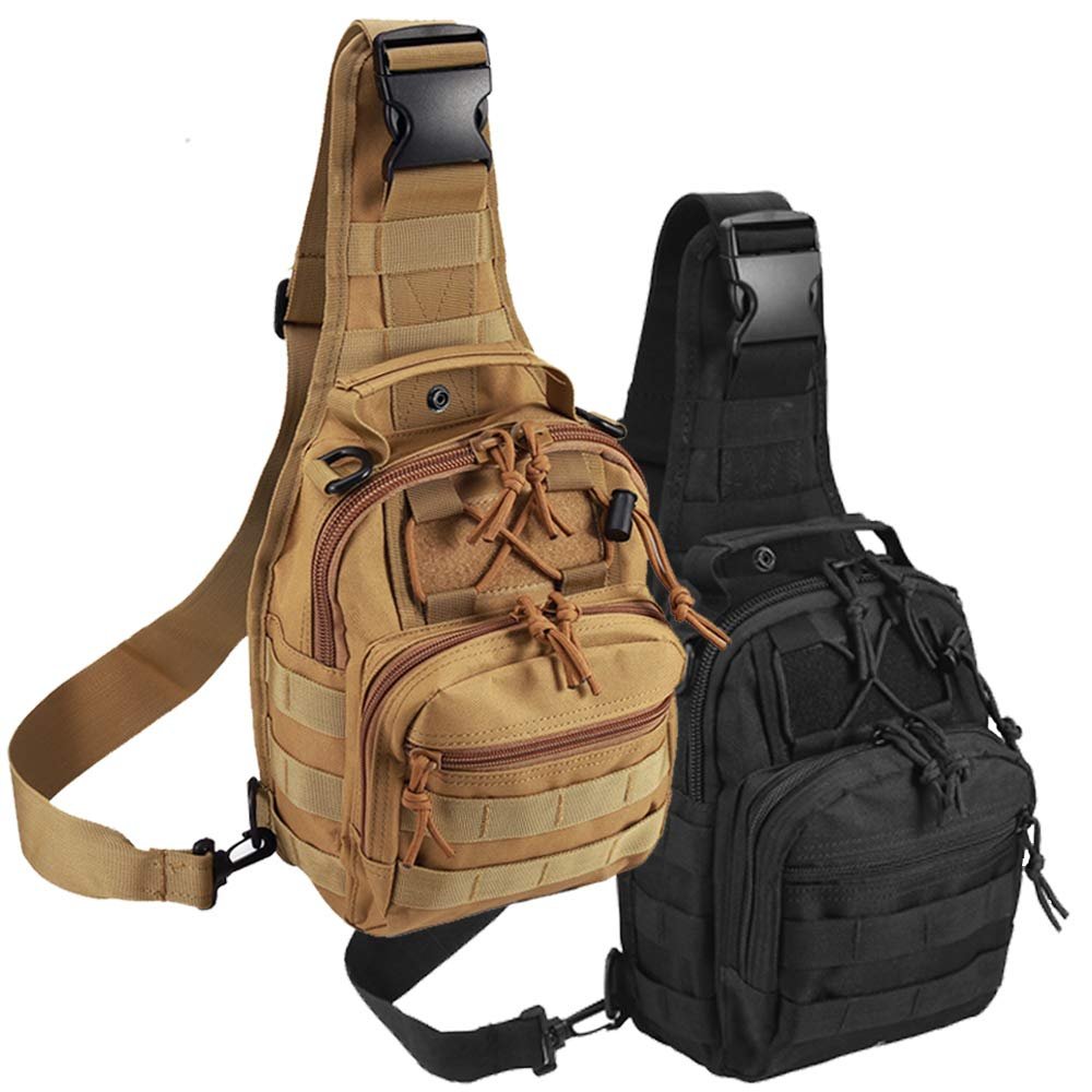 Novemkada Tactical Shoulder Bag,1000D Outdoor Military Molle Sling Backpack Sport Chest Pack Daypack Bags for Camping, Hiking, Trekking, Rover Sling (2 Pack Tan and Black)