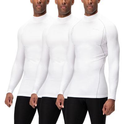 DEVOPS 3 Pack Men's Athletic Turtle Neck Long Sleeve Compression Shirts (Small, White/White/White)