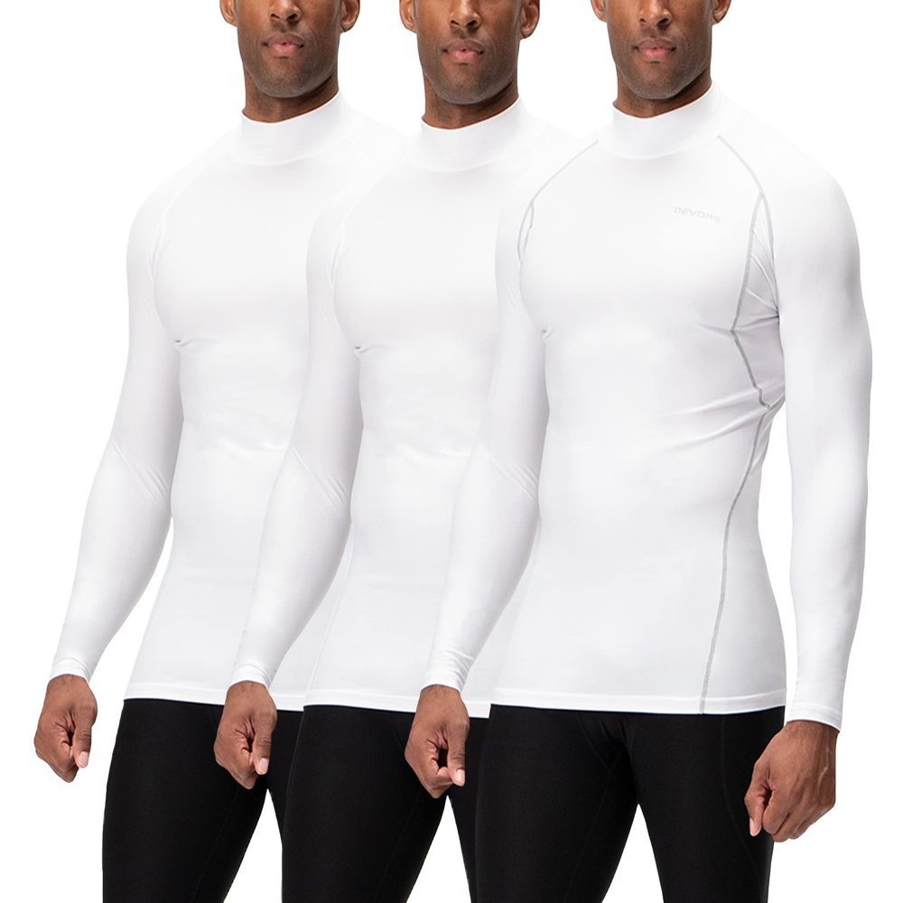 DEVOPS 3 Pack Men's Athletic Turtle Neck Long Sleeve Compression Shirts (Small, White/White/White)