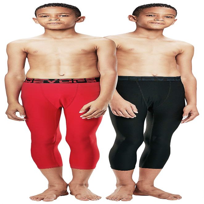 DEVOPS Boys 2-Pack 3/4 Compression Tights Sport Leggings Pants (Small, Black/Red)