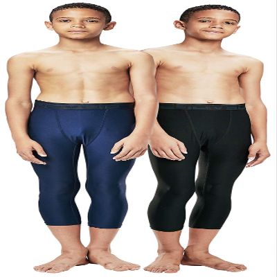 DEVOPS Boys 2-Pack 3/4 Compression Tights Sport Leggings Pants (Large, Black/Navy)