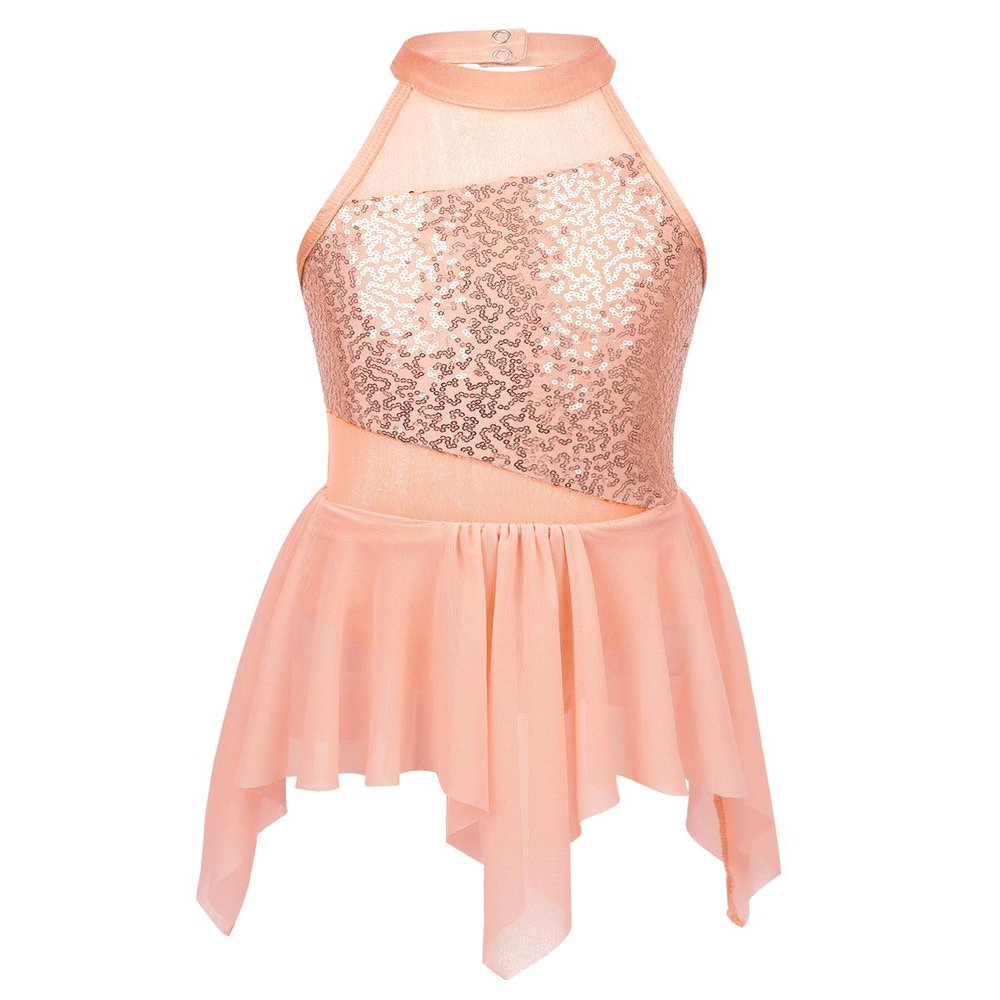 YEAHDOR Big Girls' Lyrical Latin Ballet Dance Costumes Dresses Halter Sequins Irregular Tutu Skirted Leotard Dancewear Orange 5-6
