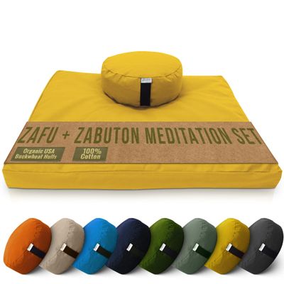 Meditation Cushion Mat Set - ROUND Zafu Floor Pillow Organic Buckwheat Pillow + Cotton Filled Zabuton Prayer Pad - Meditation Pillow Yoga Knee Pad - Made in USA - 14" Round, SAFFRON Cotton