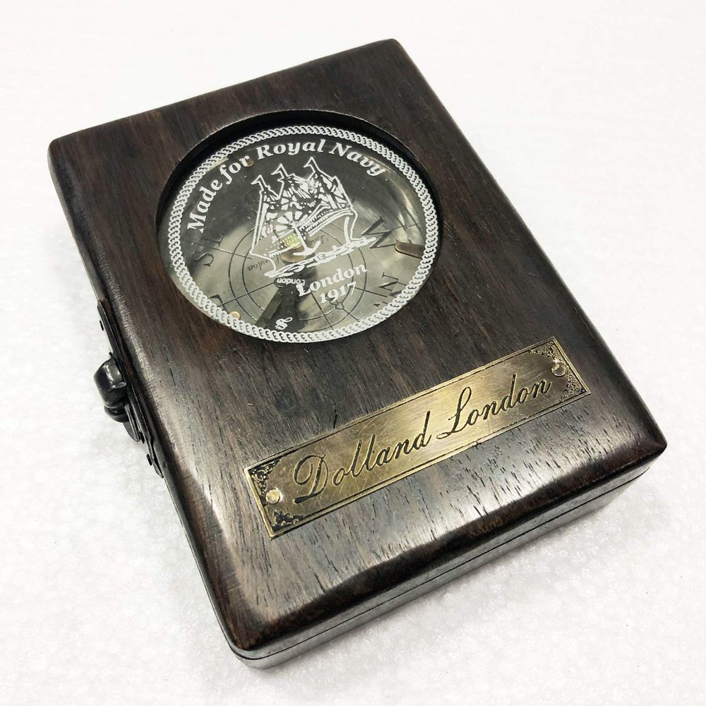 Antique Nautical Dolland London Pocket Compass 2.5" Brass Navigation Pocket Compass with Wooden Box