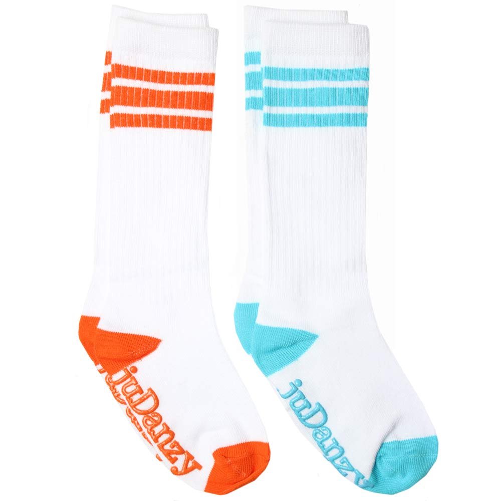 juDanzy 2 Pack of Baby, Toddler and Kids Knee High Tube Socks for Boys and Girls with Grips (6-10 Years, White with Orange & Turquoise Stripes