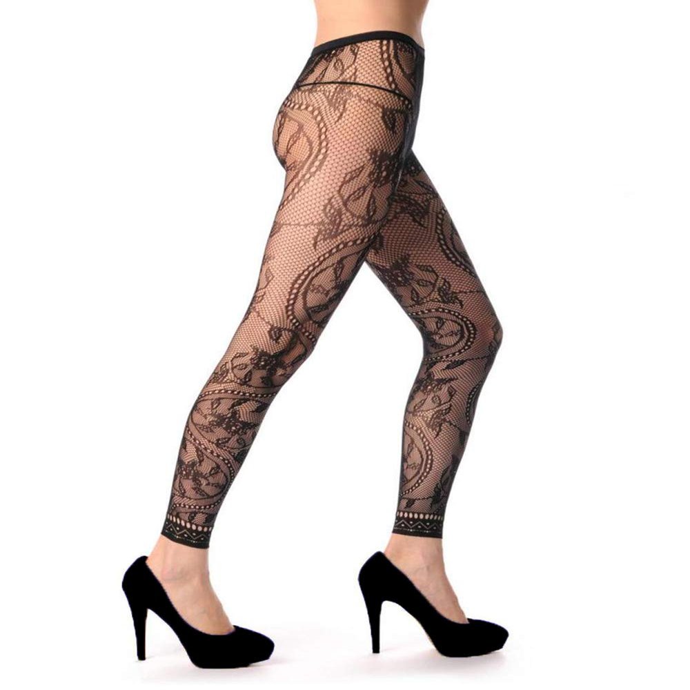 Abberrki Women High Waist Fishnet Footless Leggings Flower Pattern Footless Tights (Black # 4)
