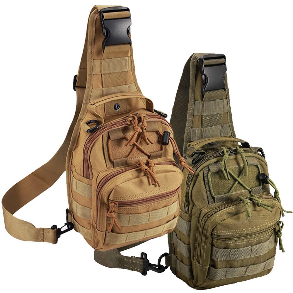 Novemkada Tactical Shoulder Bag,1000D Outdoor Military Molle Sling Backpack Sport Chest Pack Daypack Bags for Camping, Hiking, Trekking, Rover Sling (2 Pack Tan and Green)