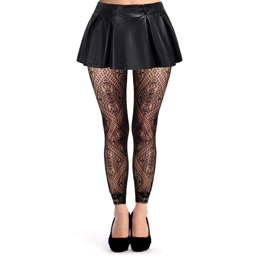 Abberrki Women High Waist Fishnet Footless Leggings Flower Pattern Footless Tights (Black # 5)