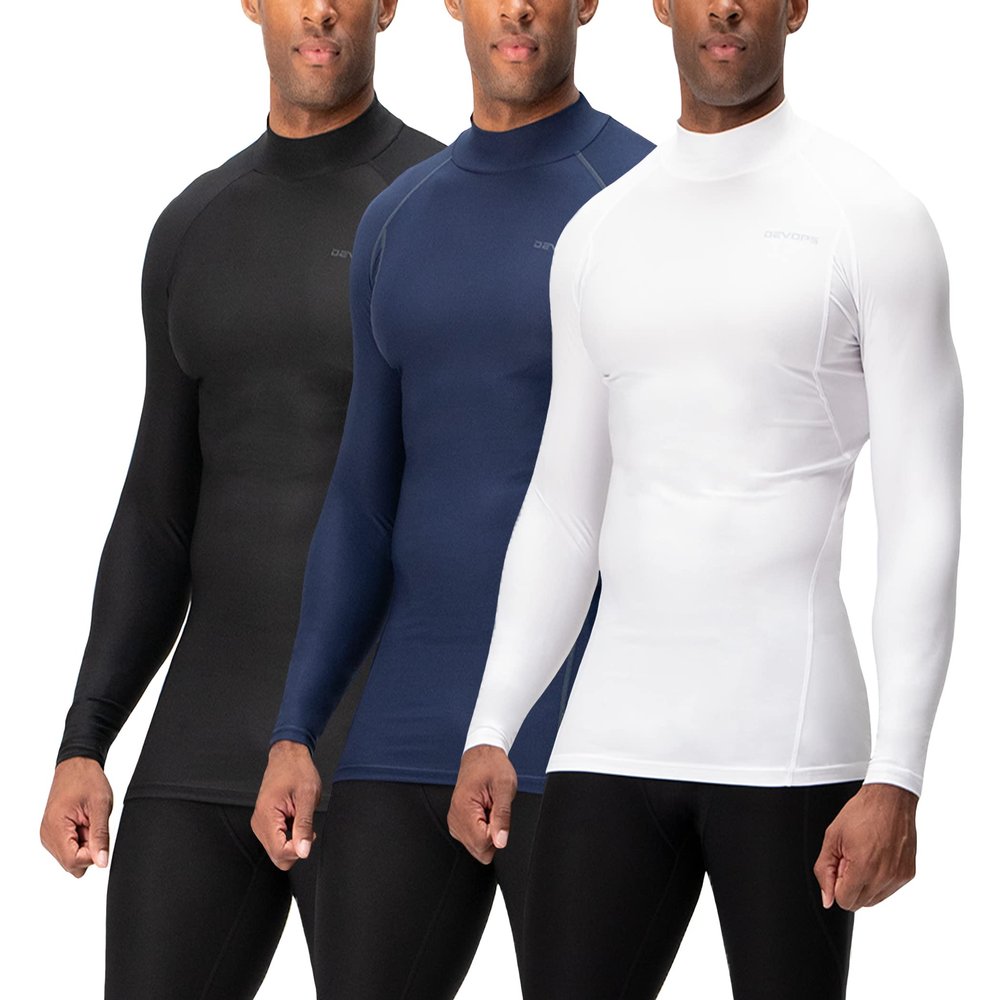 DEVOPS 3 Pack Men's Athletic Turtle Neck Long Sleeve Compression Shirts (Small, Black/Navy/White)