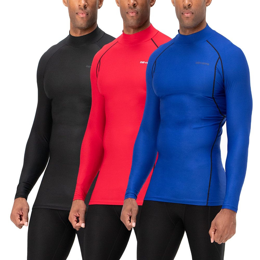 DEVOPS 3 Pack Men's Athletic Turtle Neck Long Sleeve Compression Shirts (Small, Black/Red/Blue)