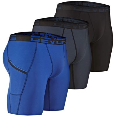 DEVOPS Men's Compression Shorts Underwear with Pocket (3 Pack) (2X-Large, Black/Charcoal/Blue)