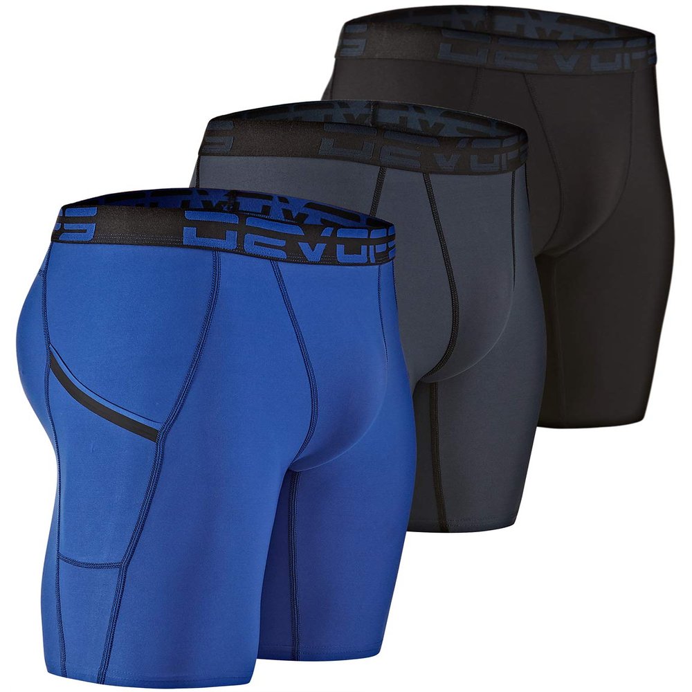 DEVOPS Men's Compression Shorts Underwear with Pocket (3 Pack) (2X-Large, Black/Charcoal/Blue)