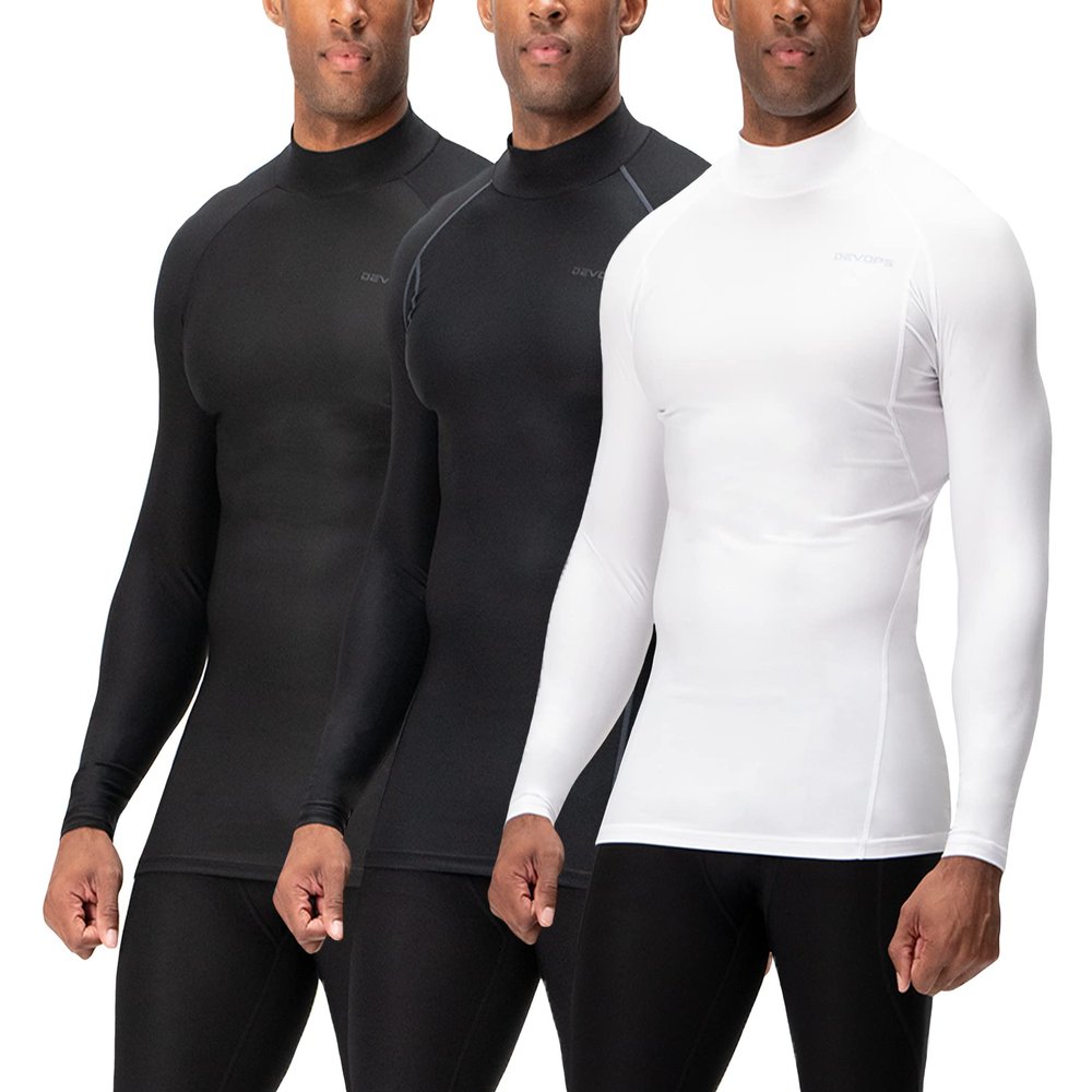 DEVOPS 3 Pack Men's Athletic Turtle Neck Long Sleeve Compression Shirts (Small, Black/Black/White)