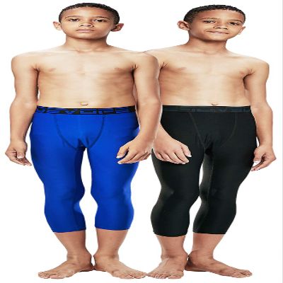 DEVOPS Boys 2-Pack 3/4 Compression Tights Sport Leggings Pants (X-Small, Black/Blue)