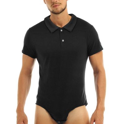 ACSUSS Men's Short Sleeve Undershirt Press Button Crotch Tank Bodysuit High Cut Leotard Tops Black X-Large