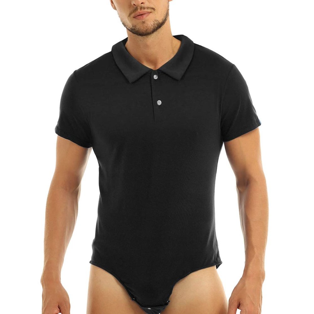 ACSUSS Men's Short Sleeve Undershirt Press Button Crotch Tank Bodysuit High Cut Leotard Tops Black X-Large