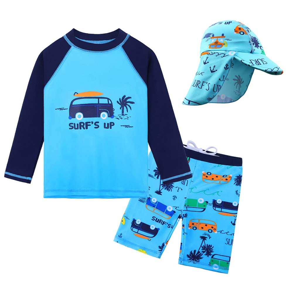 HUAANIUE Baby Toddler Boy Swimsuit Rashguard Set Swimwear UPF 50+ Car with Hat 5-6 T