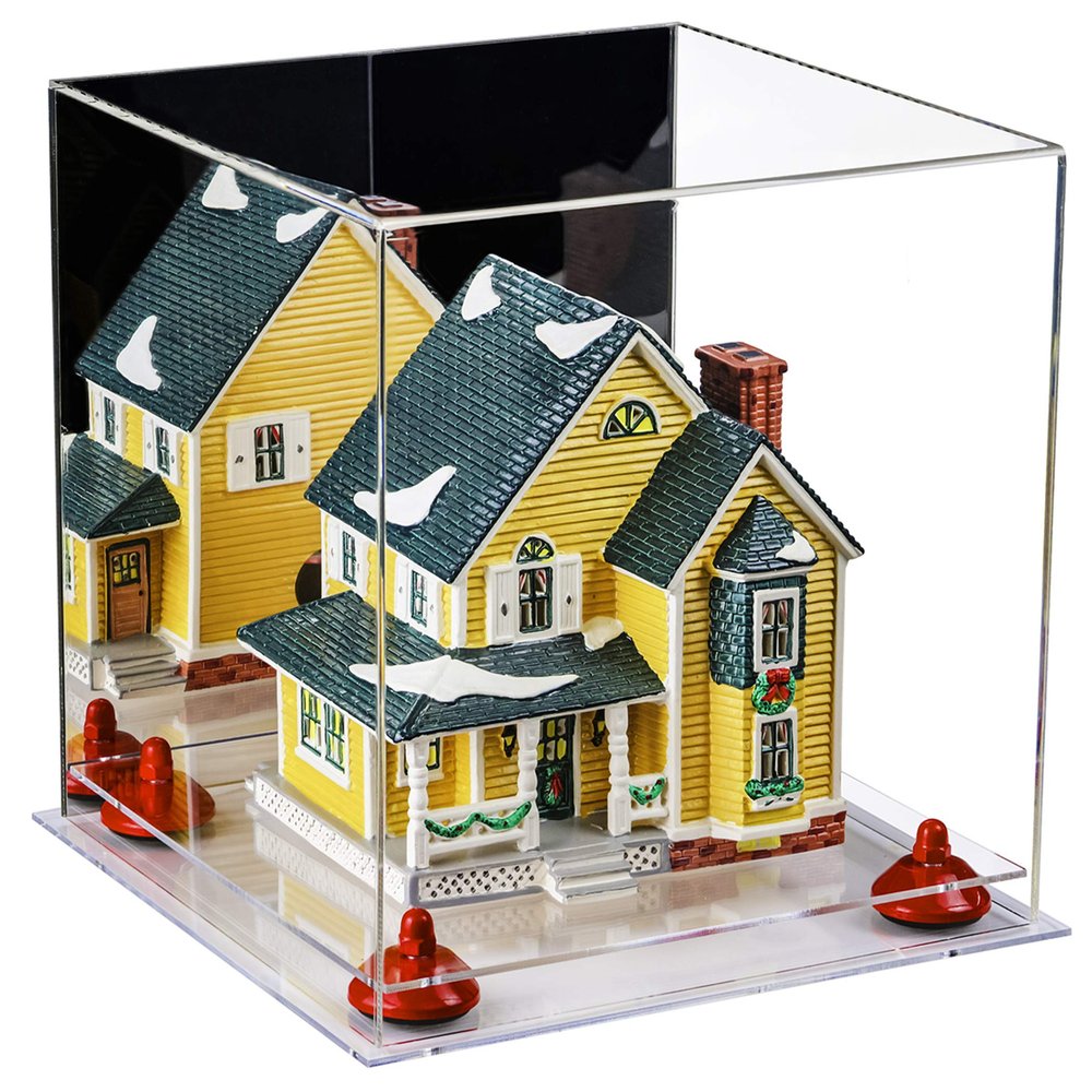 Better Display Cases Versatile Acrylic Display Case - Medium Square Box with Mirror, Red Risers and Clear Base 11" x 11" x 11" (A001-RR)