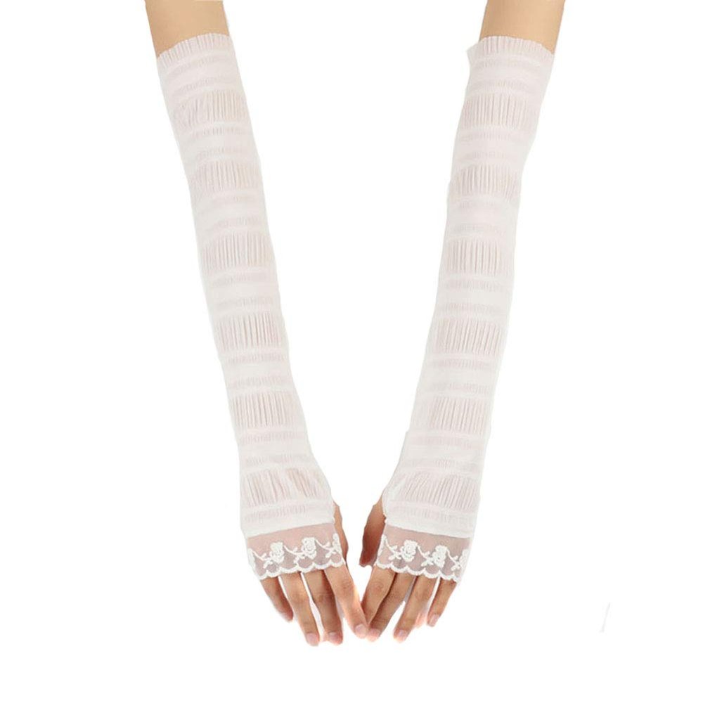 Suoirblss 2 Pairs Sunblock Arm Sleeves Fashion Lace UV Sun Protection Long Sleeve Fingerless Glove for Women's Ladies Driving Outdoor Sports (White)