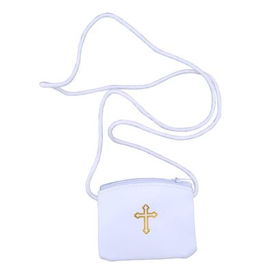 VILLAGE GIFT IMPORTERS White Genuine Leather Rosary Pouch | Small or Large Sizes | Comes with Cord for Wearing | Christian Home Goods (Small)