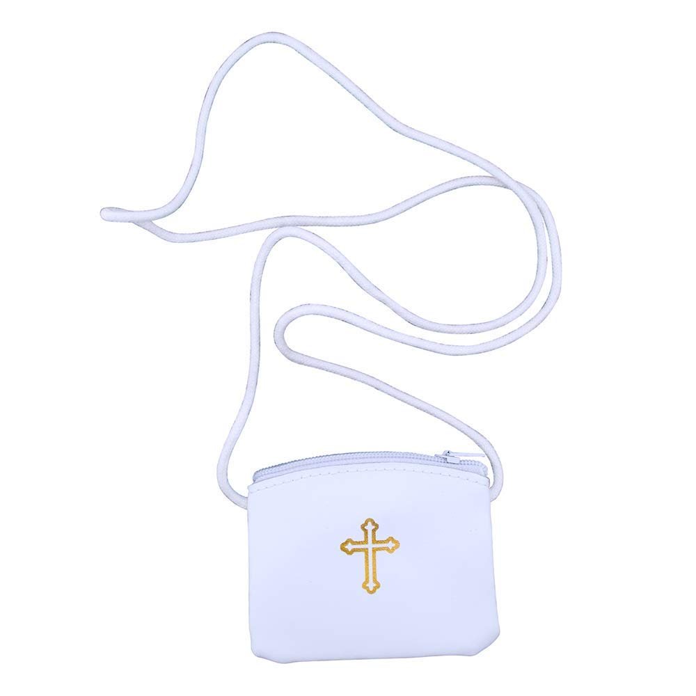 VILLAGE GIFT IMPORTERS White Genuine Leather Rosary Pouch | Small or Large Sizes | Comes with Cord for Wearing | Christian Home Goods (Small)