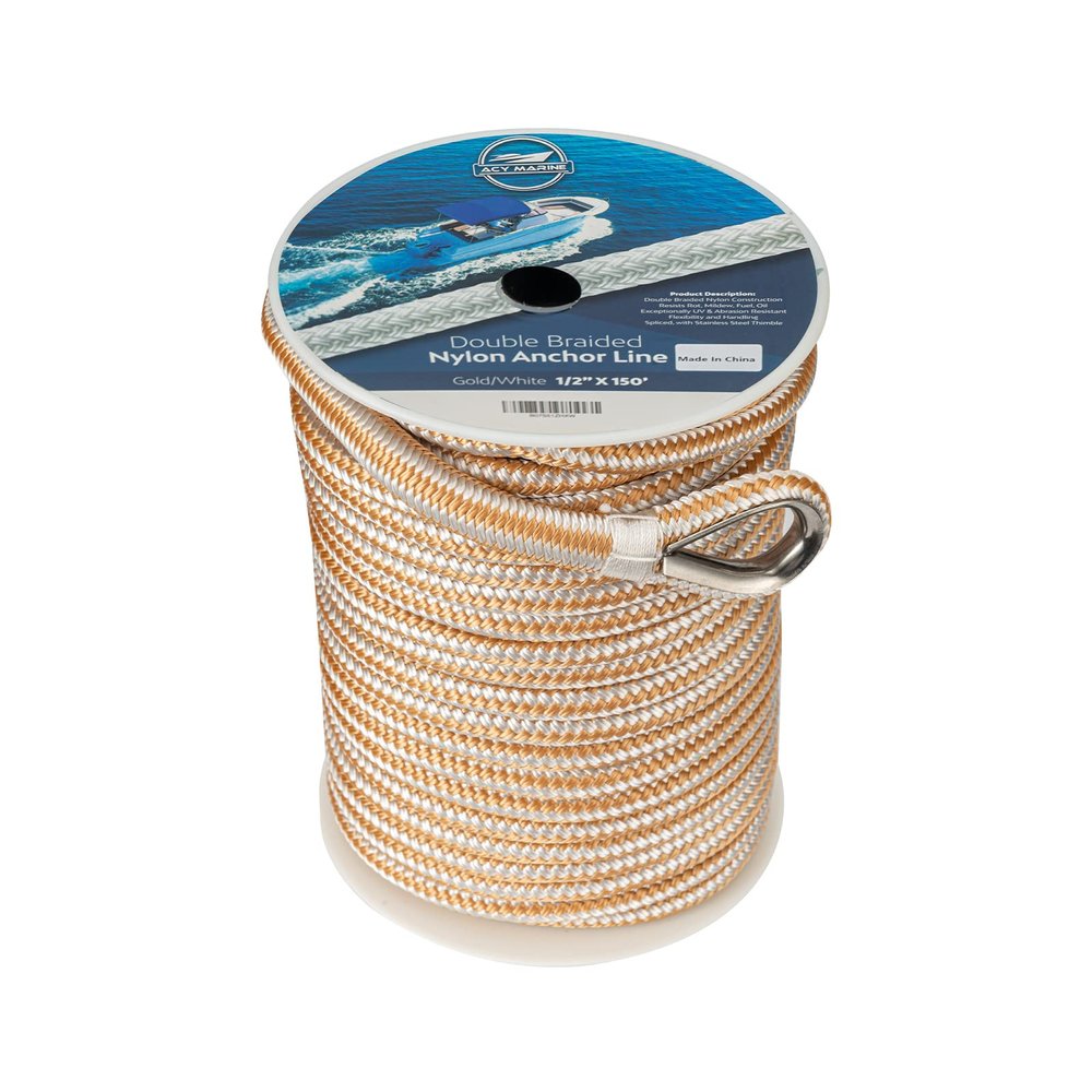 ACY Marine Double Braided Nylon Anchor Line with Stainless Thimble (Gold/White, 3/8-Inch x 100-Feet)