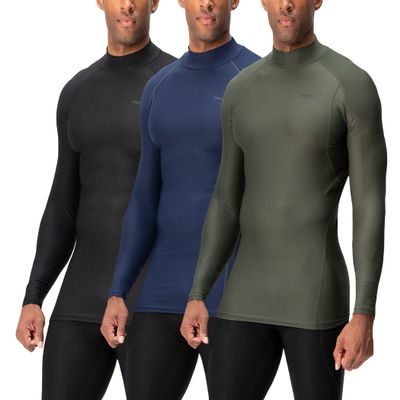 DEVOPS 3 Pack Men's Athletic Turtle Neck Long Sleeve Compression Shirts (Small, Black/Navy/Olive)