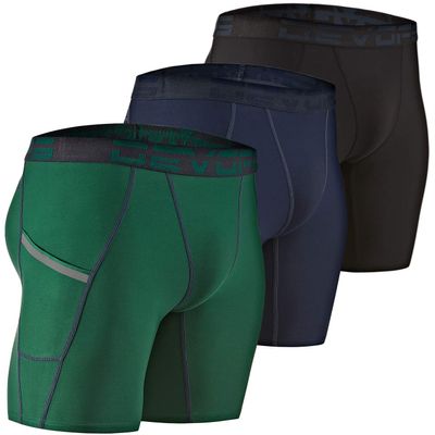 DEVOPS Men's Compression Shorts Underwear with Pocket (3 Pack) (Large, Black/Navy/Green)