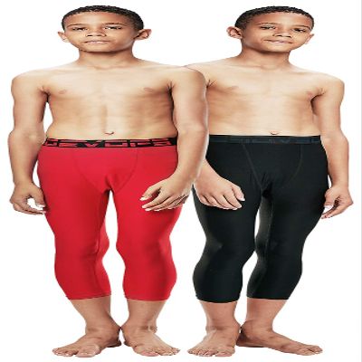DEVOPS Boys 2-Pack 3/4 Compression Tights Sport Leggings Pants (Medium, Black/Red)