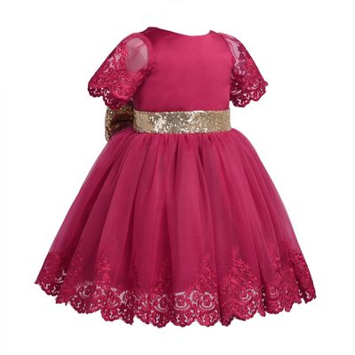 easyforever Infant Baby Flower Girls Short Sleeve Bowknot Back Princess Dress Birthday Party Baptism Ball Gown Burgundy 12-18 Months
