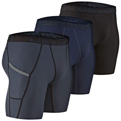 DEVOPS Men's Compression Shorts Underwear with Pocket (3 Pack) (Medium, Black/Charcoal/Navy)