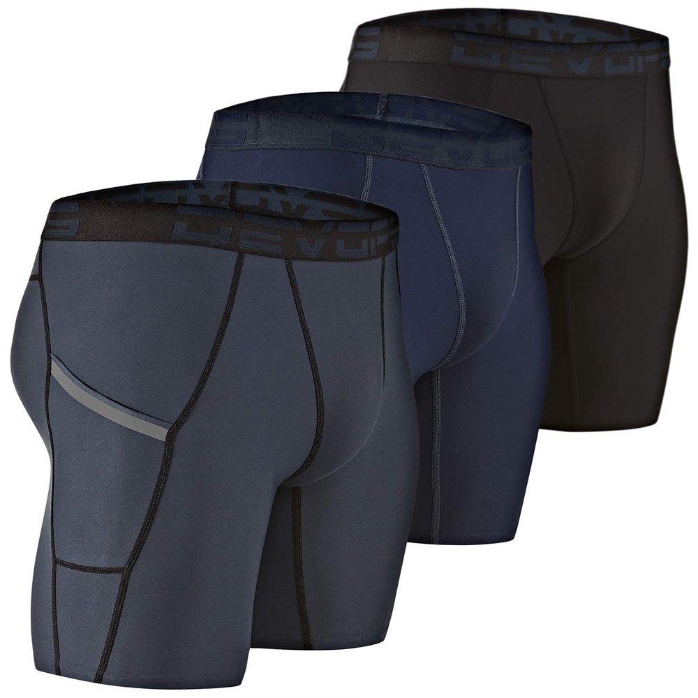 DEVOPS Men's Compression Shorts Underwear with Pocket (3 Pack) (Medium, Black/Charcoal/Navy)