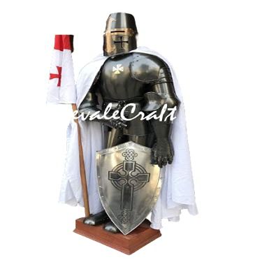 Medieval Crusader Templar Knight Full Suit Armor Wearable Breastplate metal Armour Halloween Costume with Metal Shield and Flag