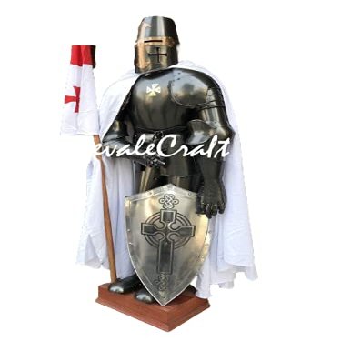 Medieval Crusader Templar Knight Full Suit Armor Wearable Breastplate metal Armour Halloween Costume with Metal Shield and Flag