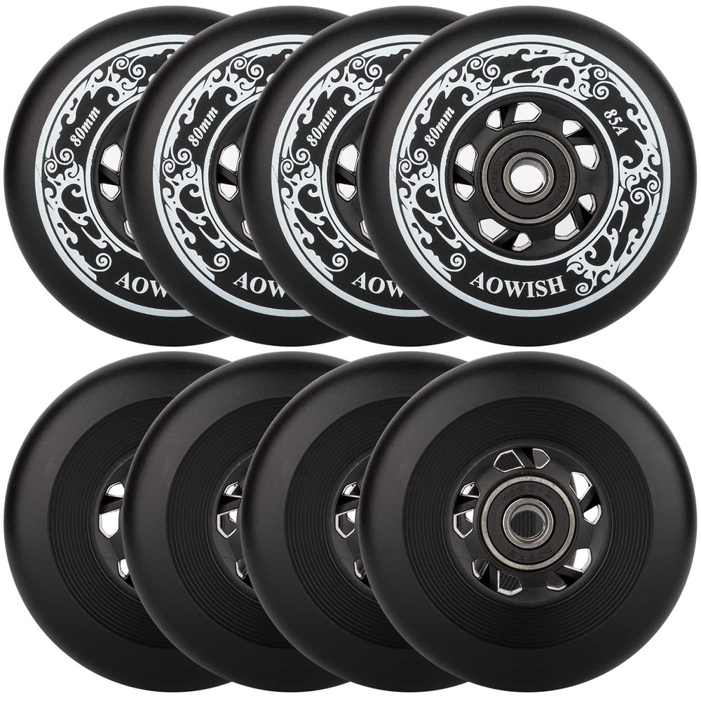 AOWISH Inline Skate Wheels 85A Outdoor Asphalt Formula Hockey Roller Blades Replacement Wheel with Bearings ABEC-9 and Floating Spacers (8-pack) (Black, 72mm)