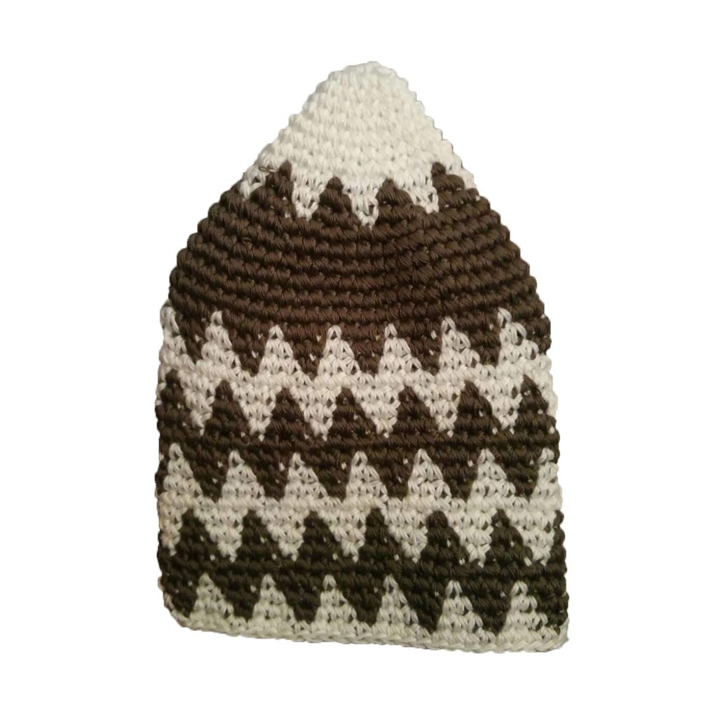 Hand-Crocheted Cotton Sturdy Off White & Dark Khaki Zigzag Kufi Skull Cap Beanie Hat