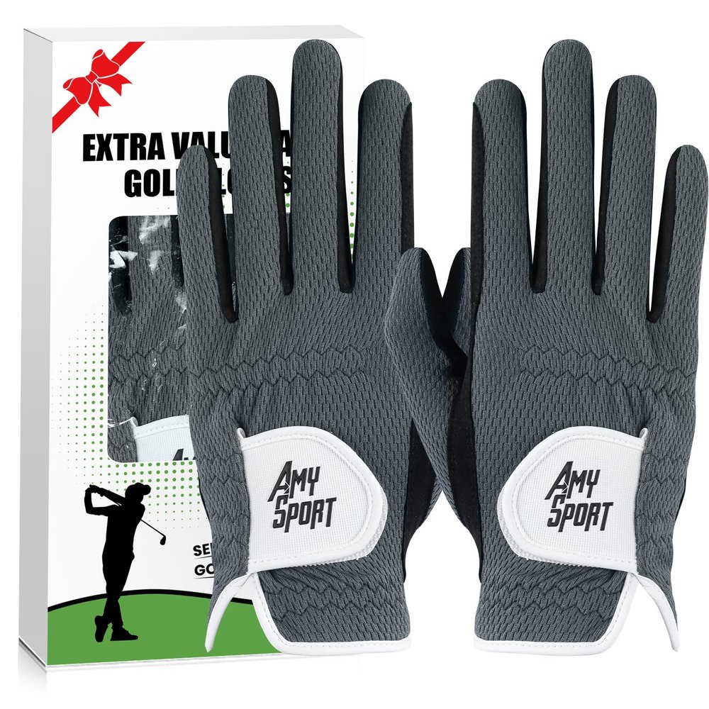Amy Sport Mens Golf Gloves Pair Both Hands Left and Right Rain Grip Weathersof No Sweat All Weather Grips Soft Comfortable Breathable (Dark Gray, Medium)
