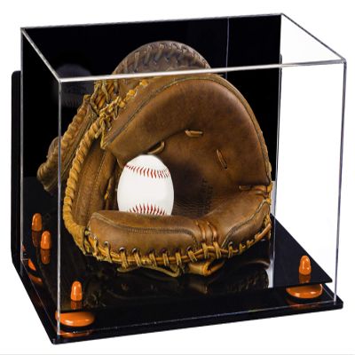 Better Display Cases Acrylic Baseball Catchers Glove Display Case with Mirror, Wall Mount and Orange Risers (A011/V16)