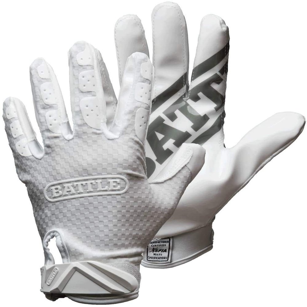 Battle Sports Triple Threat Wide Receiver Football Gloves, Ultra Stick Adult & Youth Gloves - Youth Small, White