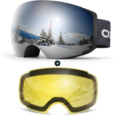 Odoland Magnetic Interchangeable Ski Goggles with 2 Lens, Large Spherical Frameless Snow Snowboard Goggles for Men Women, Black Frame Sliver Lens vlt 15%