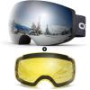 Odoland Magnetic Interchangeable Ski Goggles with 2 Lens, Large Spherical Frameless Snow Snowboard Goggles for Men Women, Black Frame Sliver Lens vlt 15% view 1
