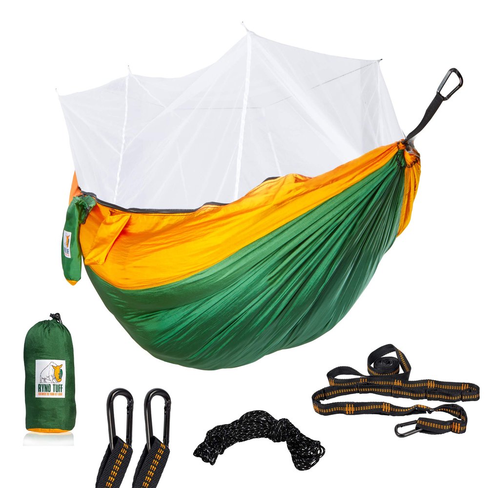 Ryno Tuff X-Large 2 Person Camping Hammock with Mosquito Net - Compact Double Hammock with Bug Net, Pocket, Tree Straps & Heavy Duty Carabiners - Parachute Grade Nylon Can Hold Over 600lbs of Weight