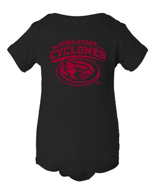 CornBorn Iowa State Baby Romper - Cy The ISU Cyclones Mascot Swirl - Black - 12M