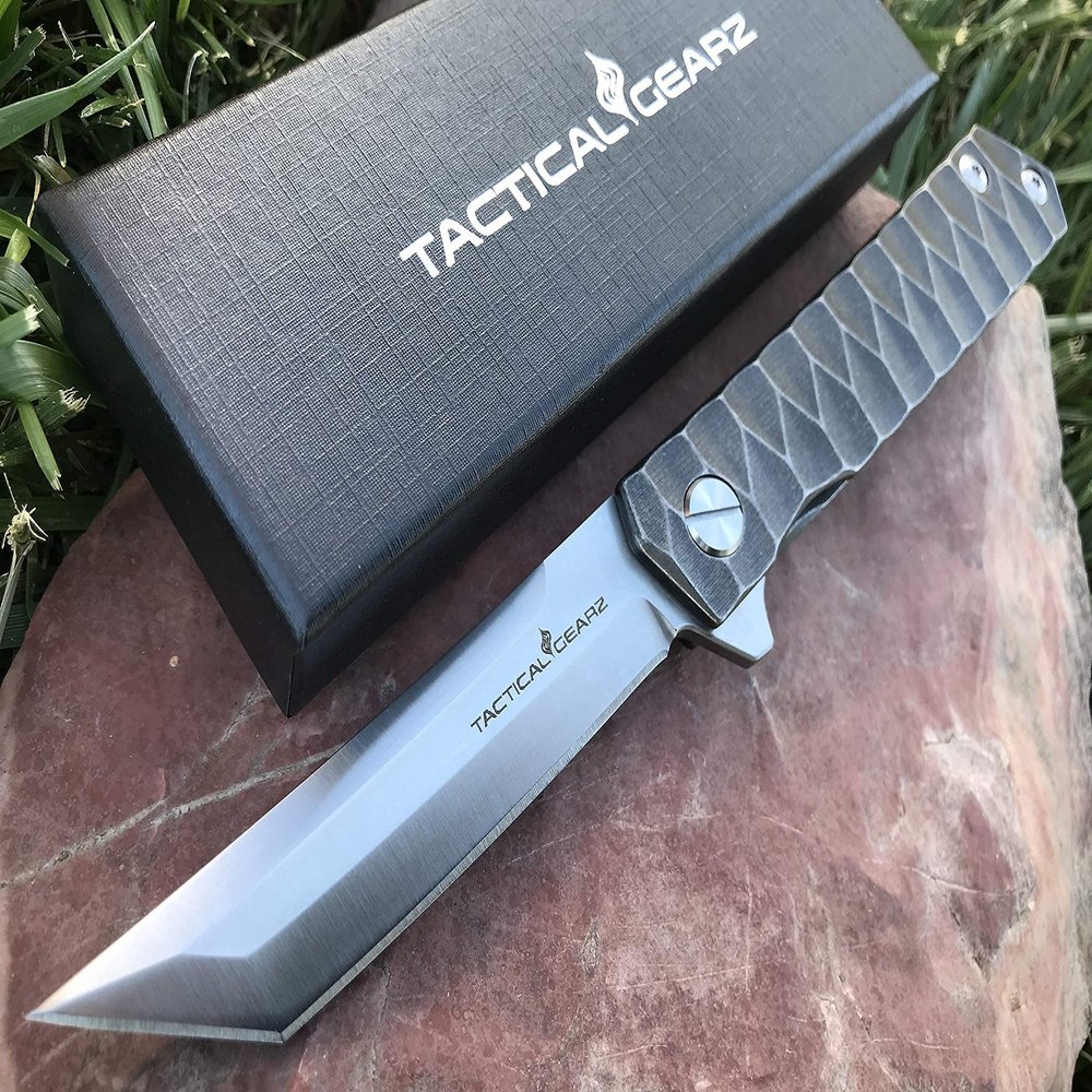 TACTICAL GEARZ Titanium Pocket Folding Knife for EDC, Solid Tc4 Titanium Handle, CPM-D2 Steel Tanto Blade, Includes Sheath (Saint DT)