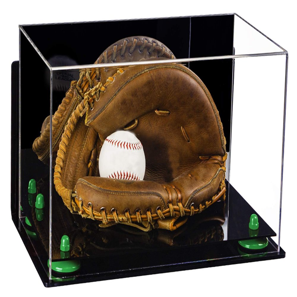 Better Display Cases Acrylic Baseball Catchers Glove Display Case with Mirror, Wall Mount and Green Risers (A011/V16)