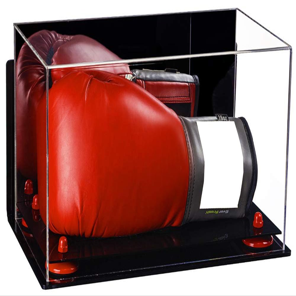 Better Display Cases Acrylic Single or Double Boxing Glove Display Case with Mirror, Wall Mount and Red Risers (A011-RR)