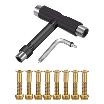 C&Xanadu Skateboard Hardware 8PCS Bolts Set and All-in-One Skate Tools Portable Skateboard T Accessory with Tool L-Type Phillips Head Wrench Screwdriver, Gold