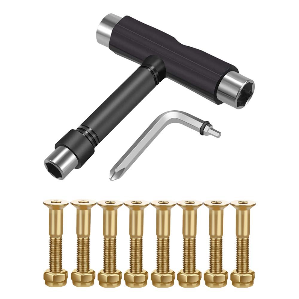 C&Xanadu Skateboard Hardware 8PCS Bolts Set and All-in-One Skate Tools Portable Skateboard T Accessory with Tool L-Type Phillips Head Wrench Screwdriver, Gold