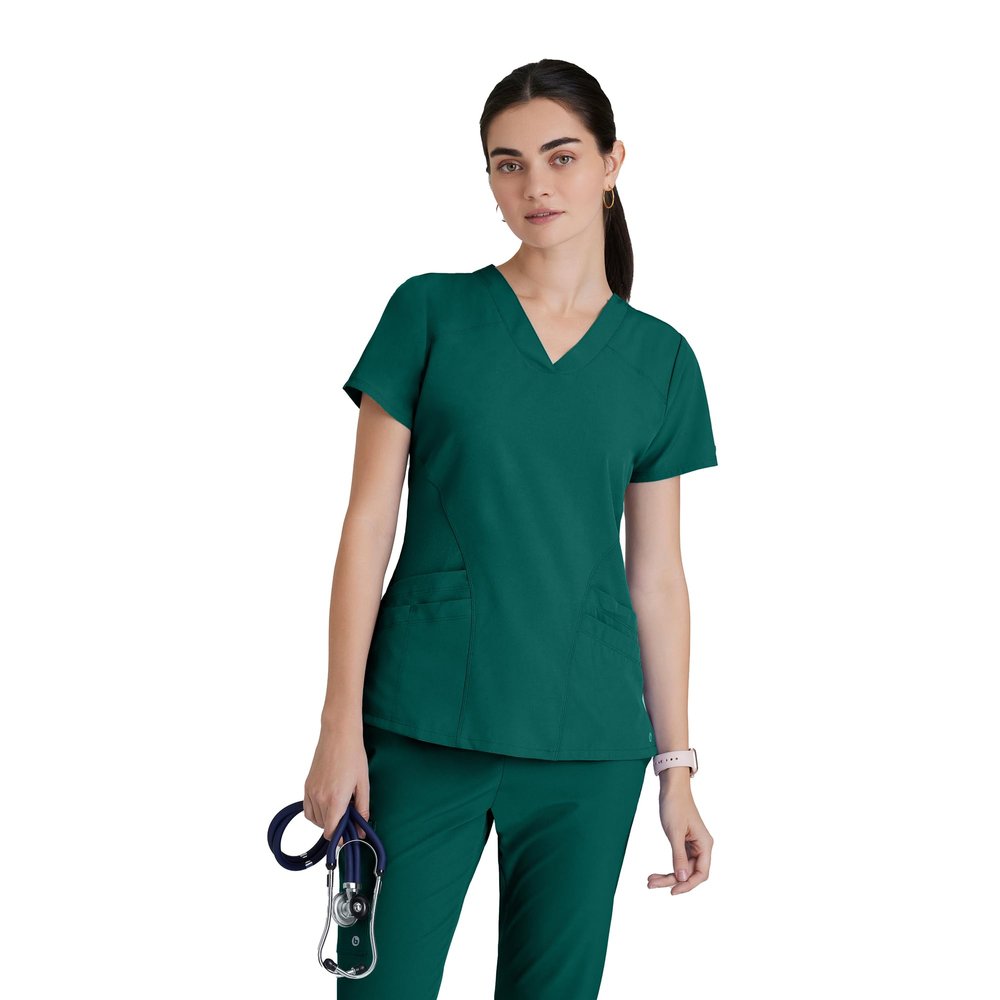 Barco One Pulse Classic Fit Scrub Top for Women Hunter Green, 5-Pocket V-Neck Scrub Shirt w/ 360 Spandex Stretch, Moisture Wicking, Anti-Static and Quick-Shed 3XL, Regular Fit
